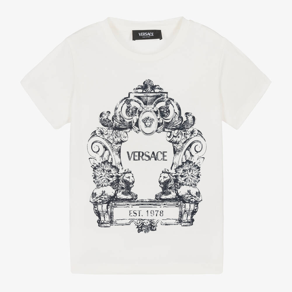 Versace - Boys Ivory Cartouche Cotton T-Shirt | Childrensalon