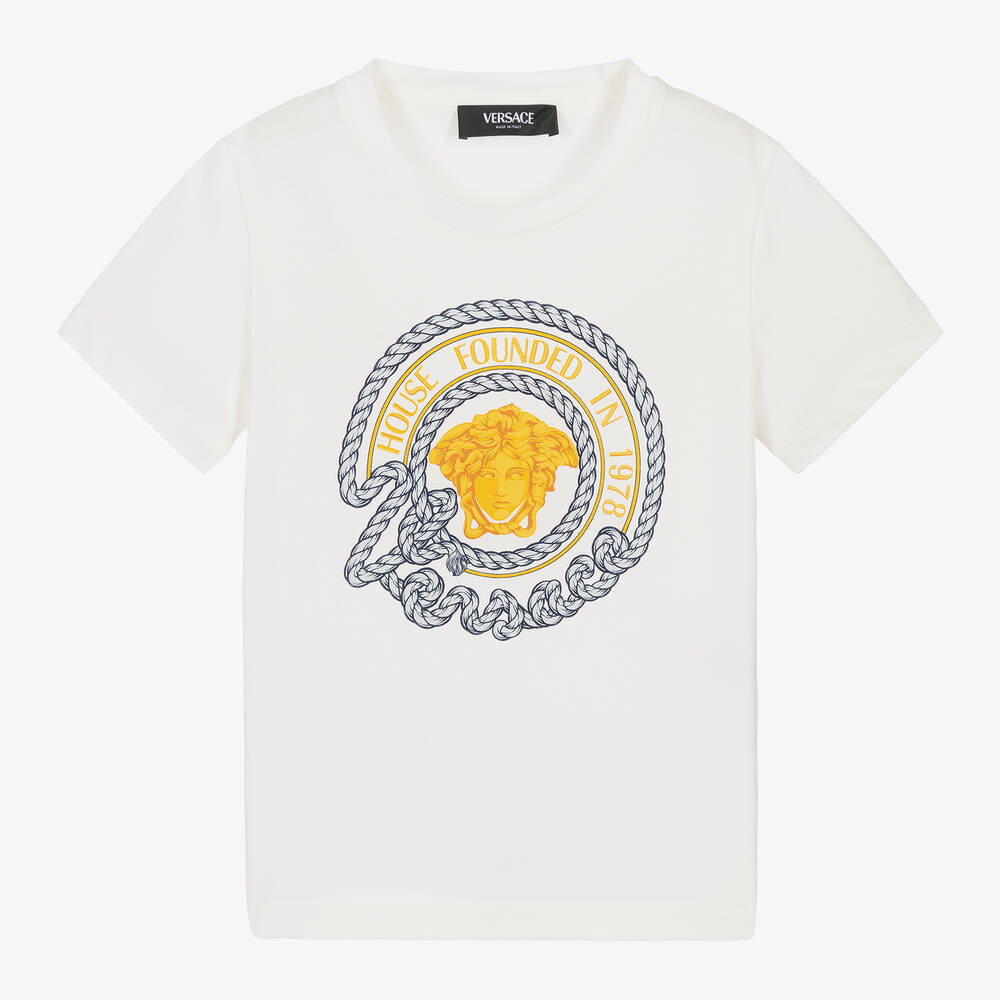 Versace - Кремовая футболка Medusa в морском стиле для мальчиков | Childrensalon