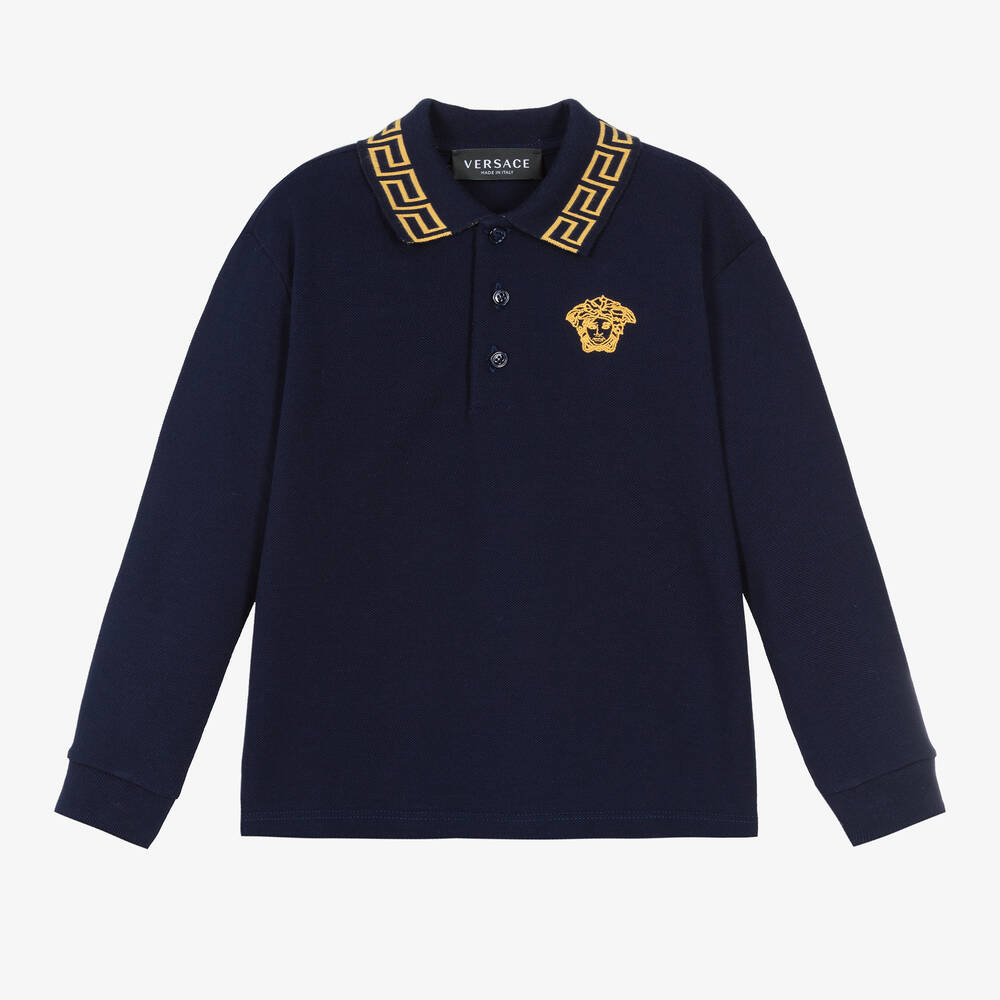 Versace - Boys Navy Blue & Gold Cotton Polo Shirt | Childrensalon