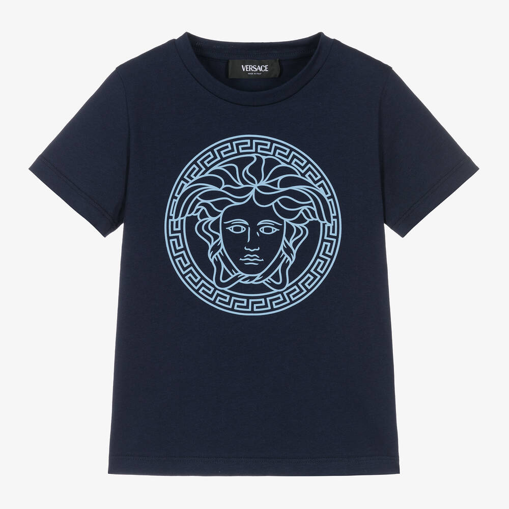 Shop Versace Boys Navy Blue Medusa Cotton T-shirt