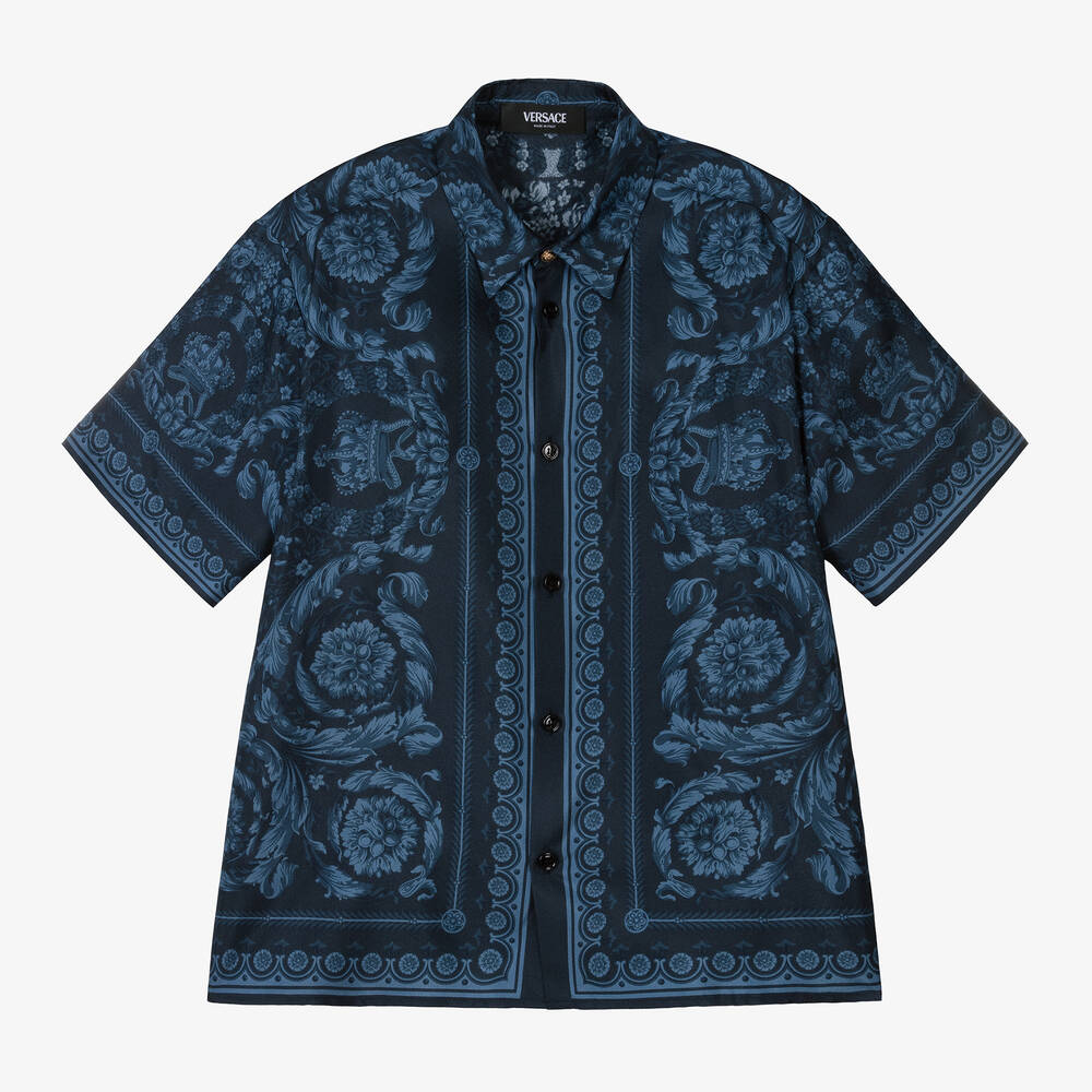 Versace - Boys Navy Blue Silk Barocco Shirt | Childrensalon