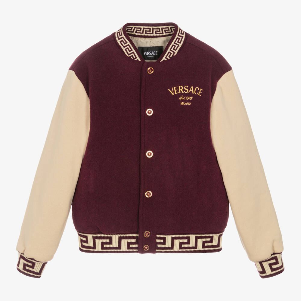 Versace - Boys Red Embroidered Wool Varsity Jacket | Childrensalon