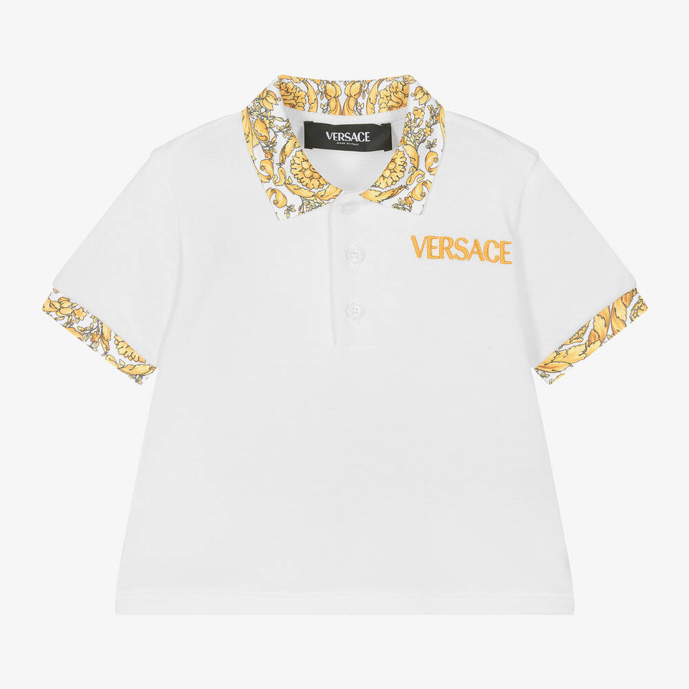 Versace - توب بولو بطبعة باروك قطن بيكيه لون أبيض | Childrensalon