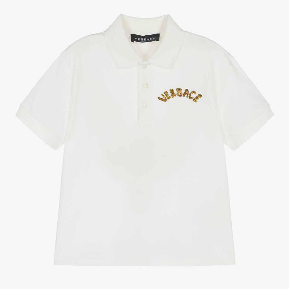 Versace - Boys White Embroidered Cotton Polo Shirt  | Childrensalon