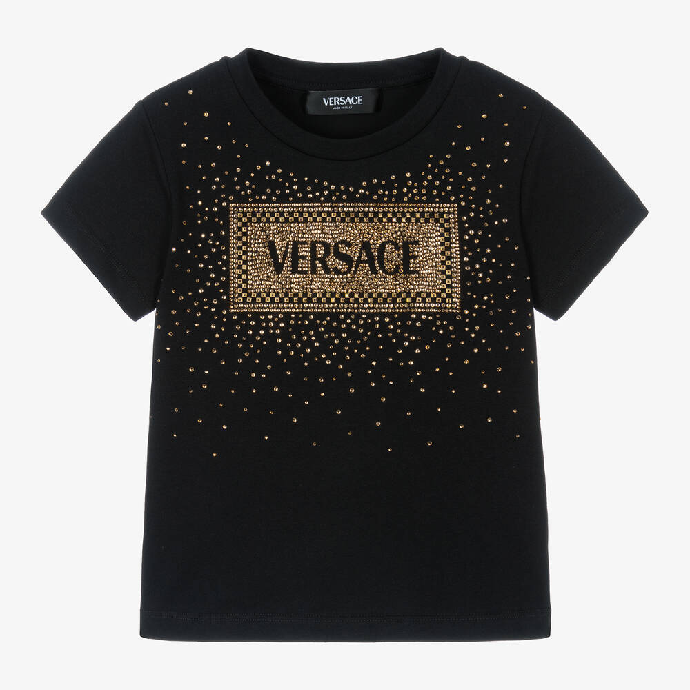 Shop Versace Girls Black Cotton Crystal T-shirt