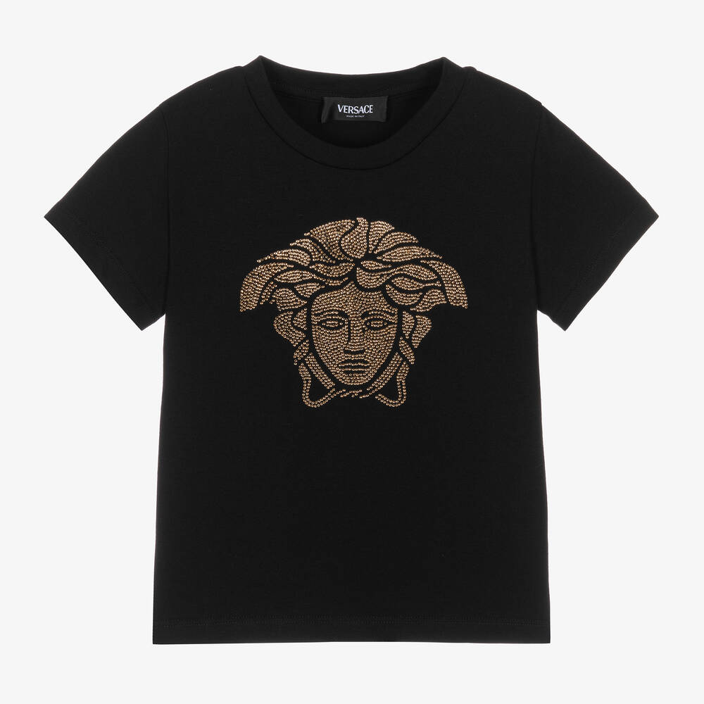Versace Kids' Girls Black Cotton Medusa T-shirt In Black+gold