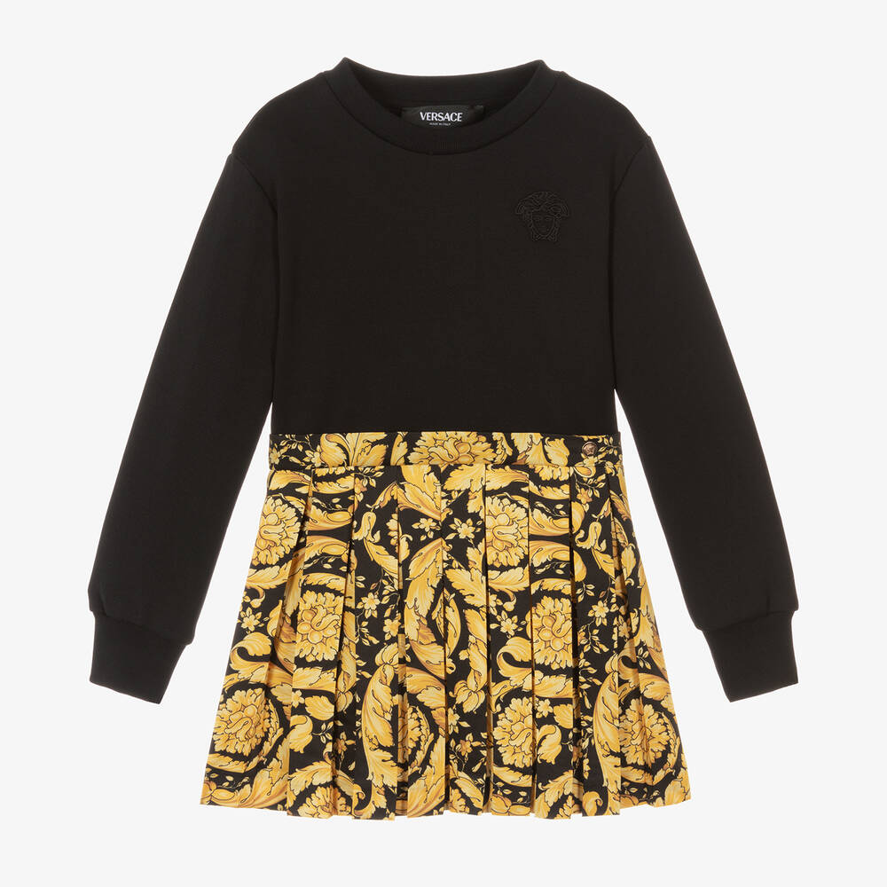Versace - Girls Black & Gold Barocco Print Dress | Childrensalon