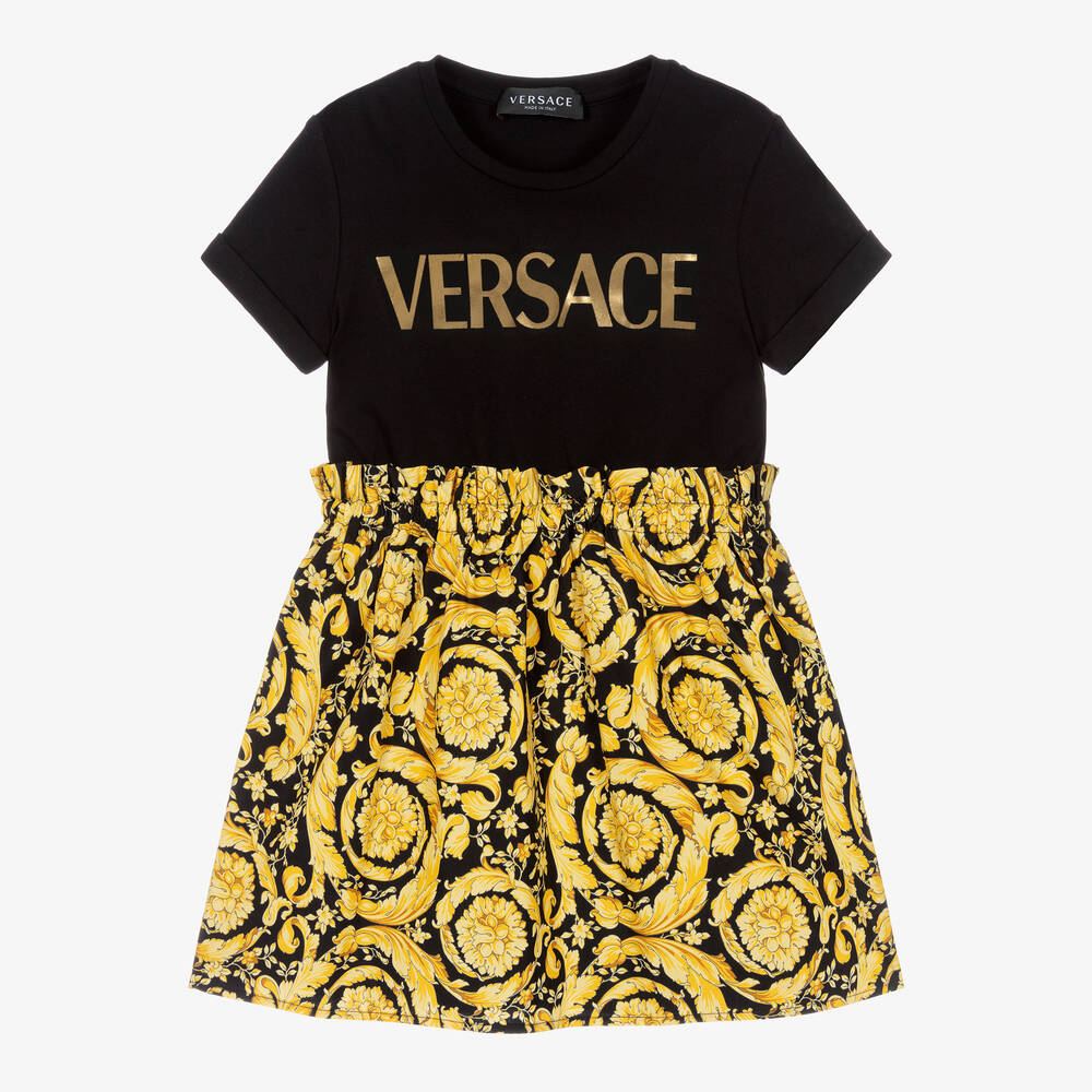 Versace - Черно-золотистое платье из хлопка с принтом Barocco | Childrensalon