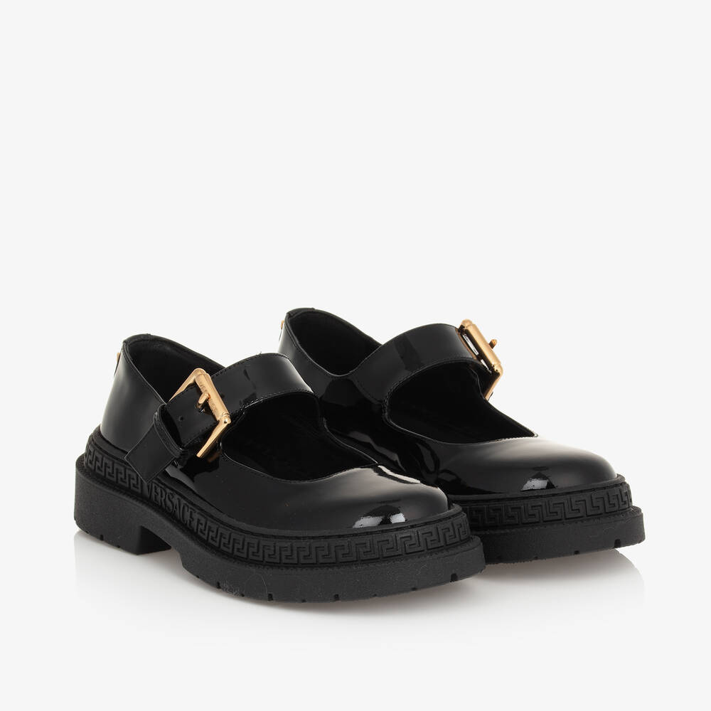 Versace - Girls Black Leather Greca Bar Shoes | Childrensalon