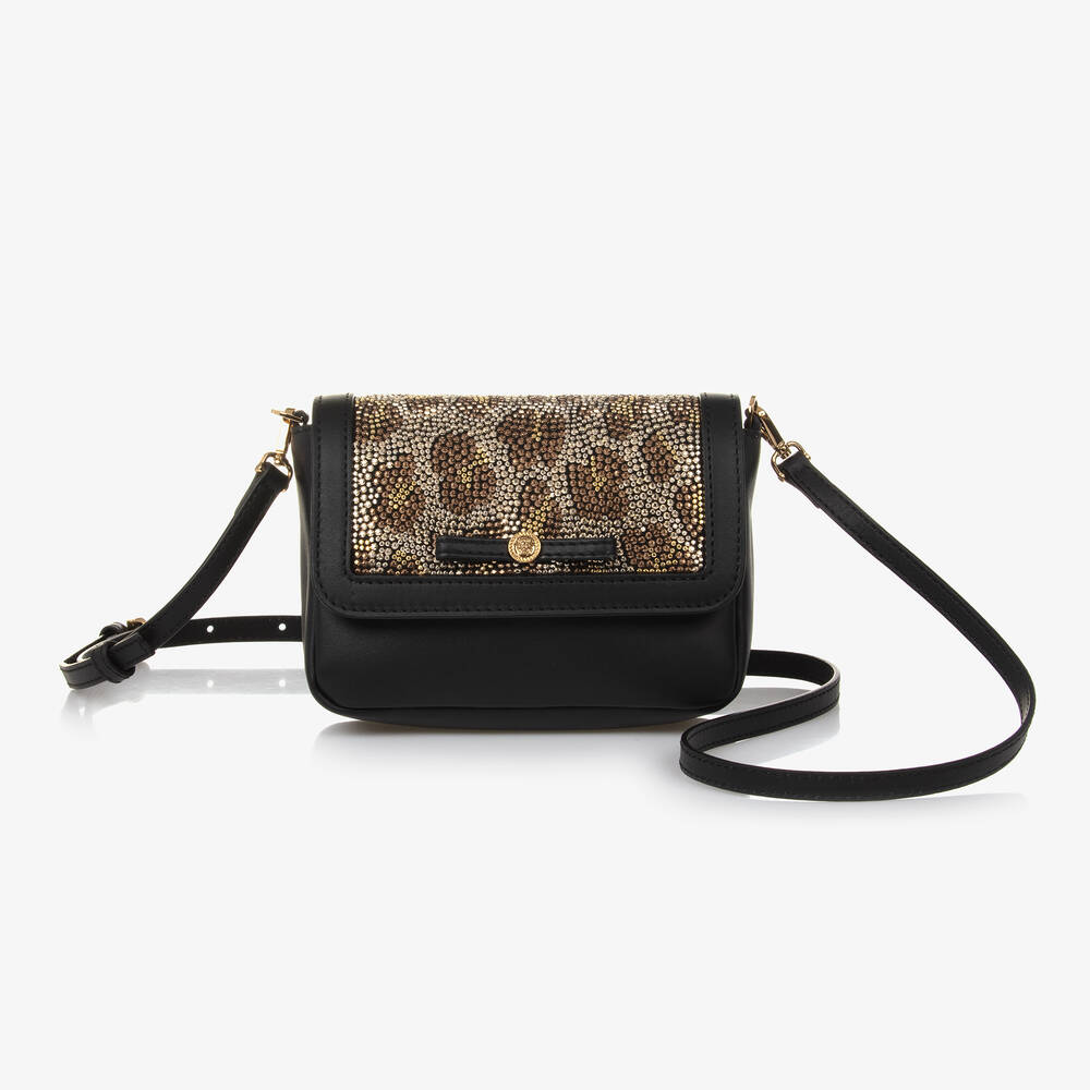 Versace - Girls Black Leather & Leopard Stud Handbag (16cm) | Childrensalon