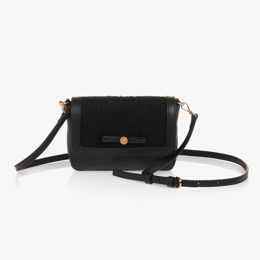Versace -  حقيبة بنقشة ميدوسا تويد وجلد لون أسود للبنات (16 سم) | Childrensalon