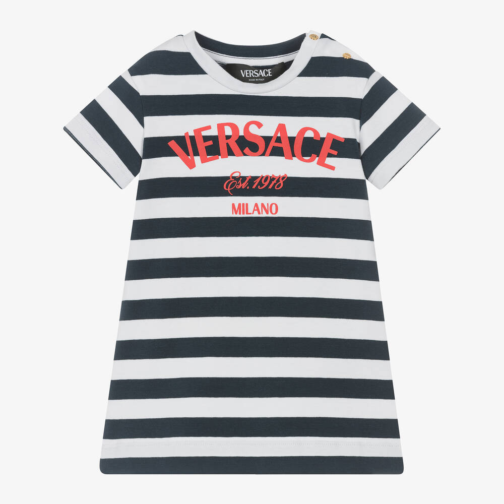 Versace - فستان أطفال بناتي قطن جيرسي مقلم لون كحلي وأبيض | Childrensalon