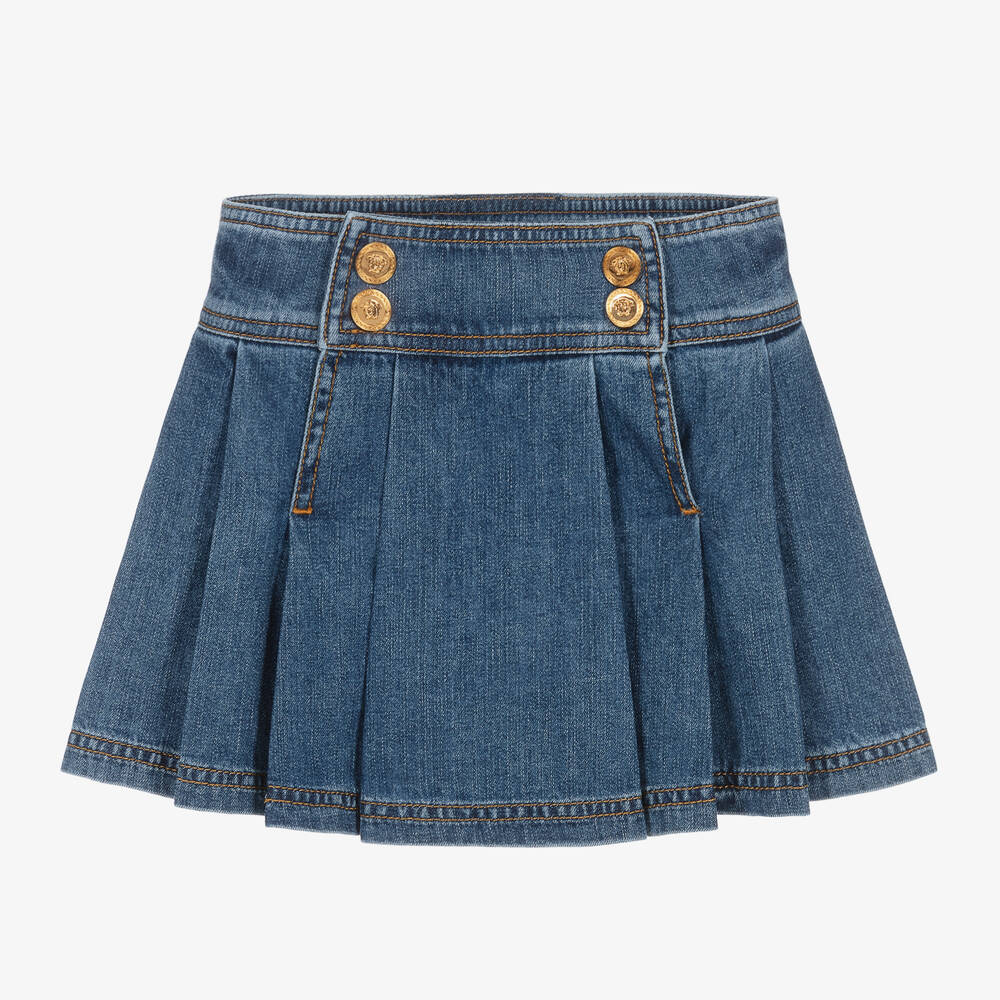 Shop Versace Girls Blue Denim Medusa Buttons Skirt