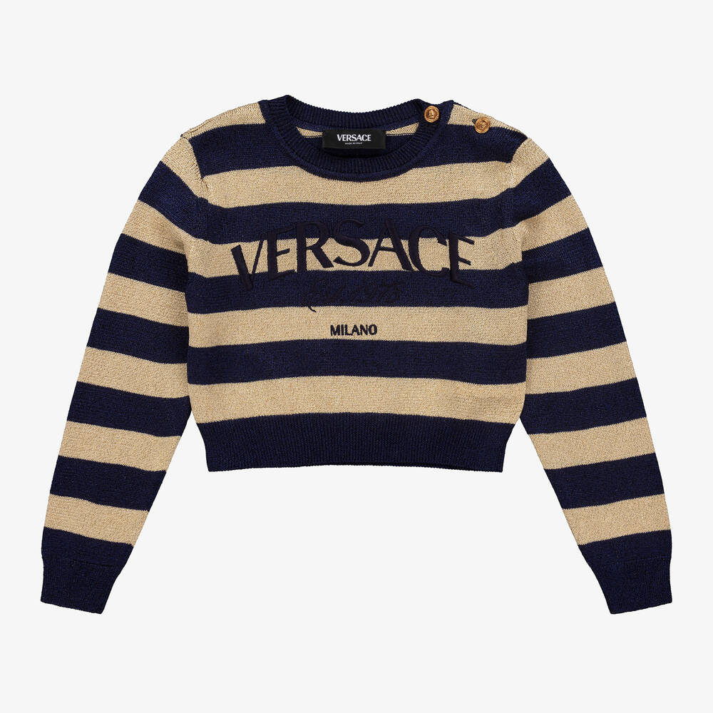 Versace - بلوفر مقلم مزيج فيسكوز محبوك لون كحلي وذهبي للبنات | Childrensalon