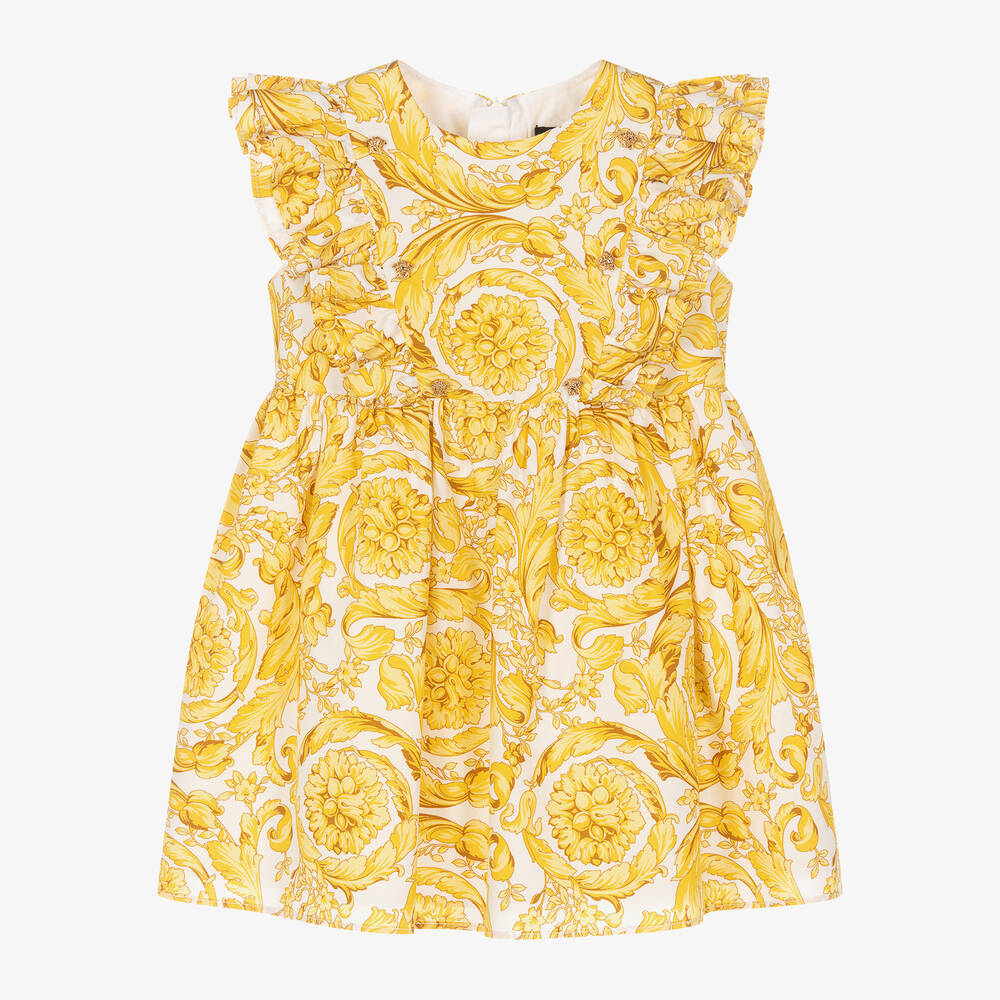 Versace - Girls Gold Barocco Print Cotton Dress | Childrensalon