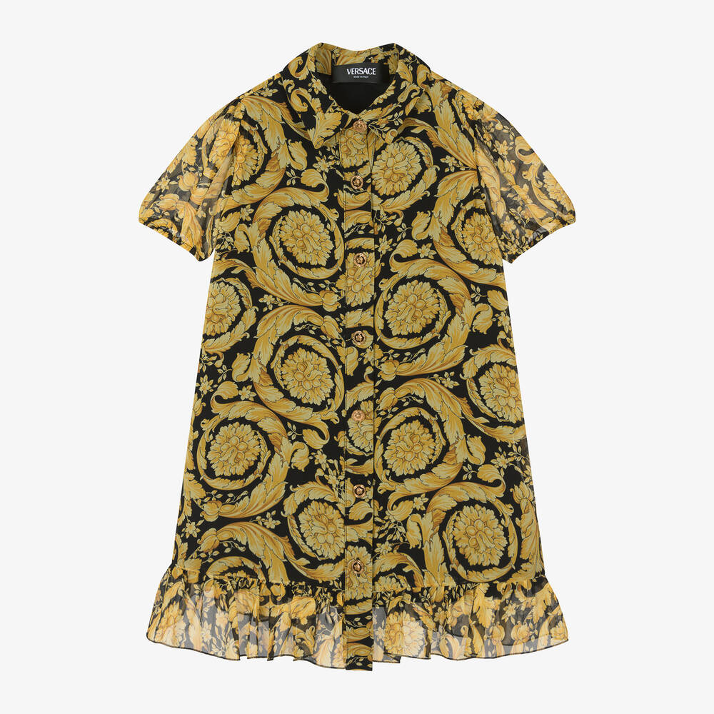 Versace - Girls Gold Barocco Print Silk Chiffon Shirt Dress | Childrensalon
