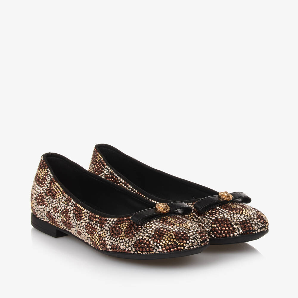 Versace - Girls Gold & Brown Leopard Stud Pumps | Childrensalon