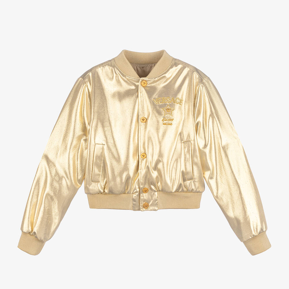 Versace - Girls Gold Satin Bomber Jacket | Childrensalon