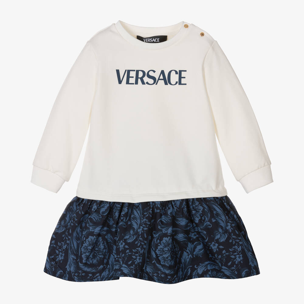 Versace - فستان قطن جيرسي لون أزرق وعاجي بطبعة باروك | Childrensalon