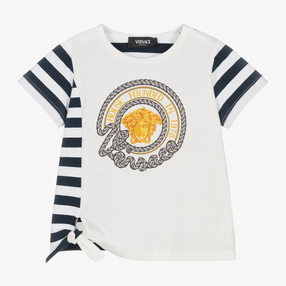Versace - Girls Ivory & Blue Nautical Medusa T-Shirt | Childrensalon