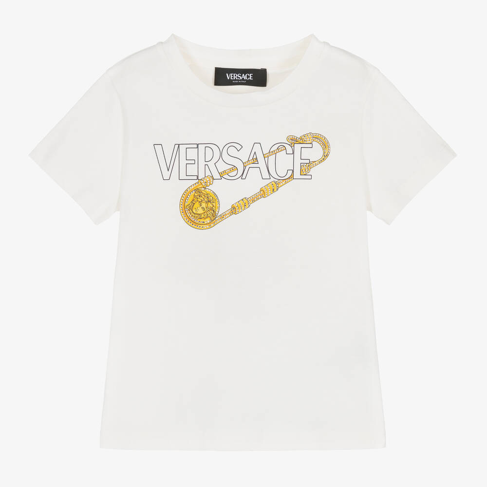 Shop Versace Girls Ivory Rhinestone Cotton T-shirt