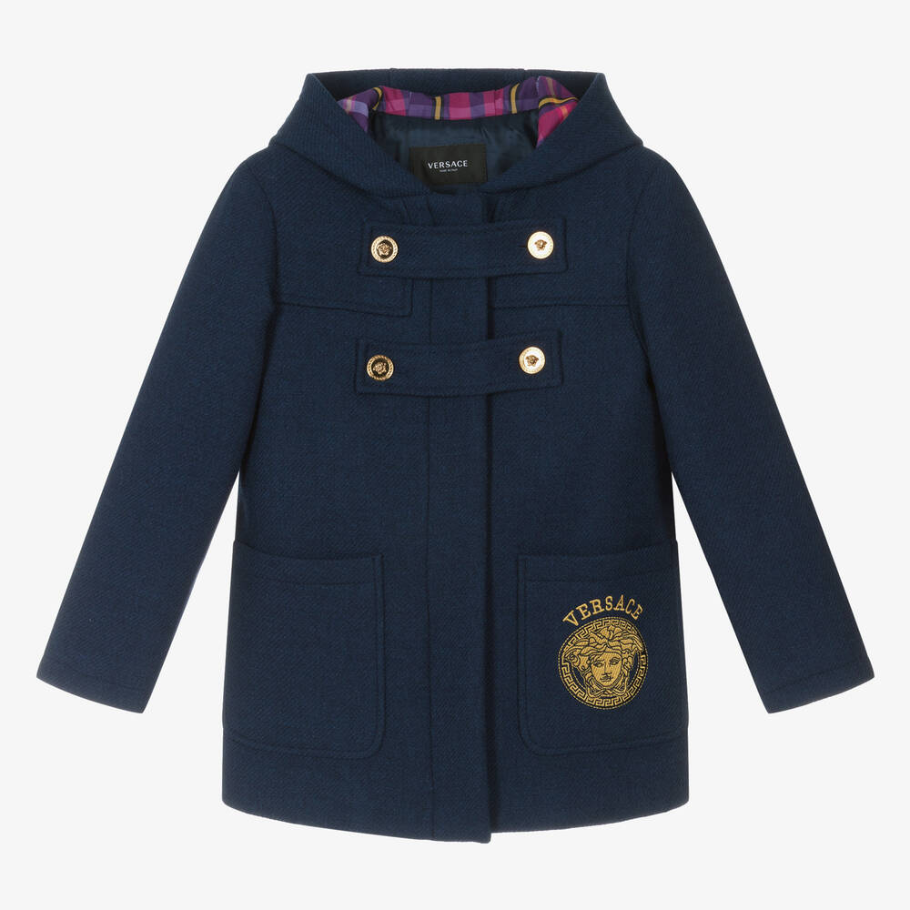 Versace Kids' Girls Navy Blue Embroidered Duffle Coat