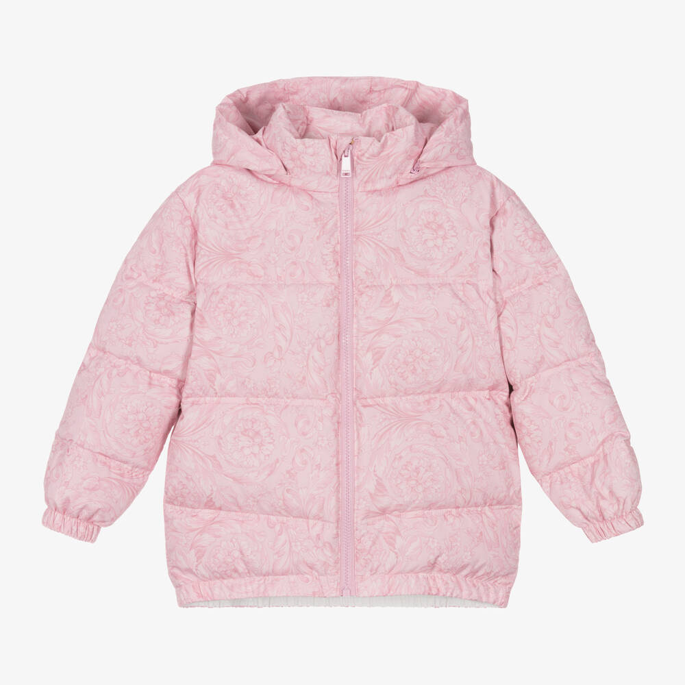 Versace - Girls Pink Barocco Down Puffer Jacket | Childrensalon