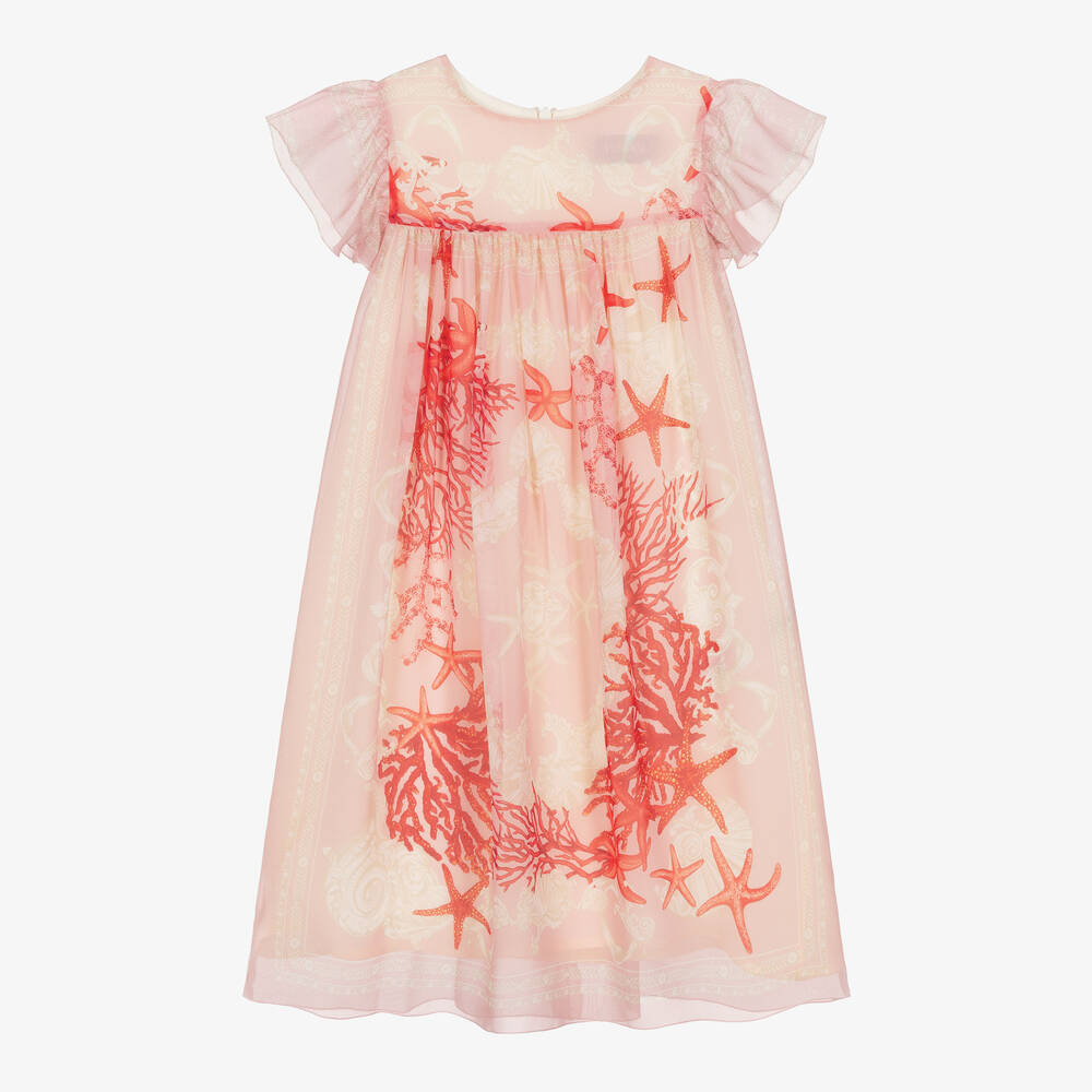 Versace - Розовое шелковое платье с морским принтом Barocco | Childrensalon