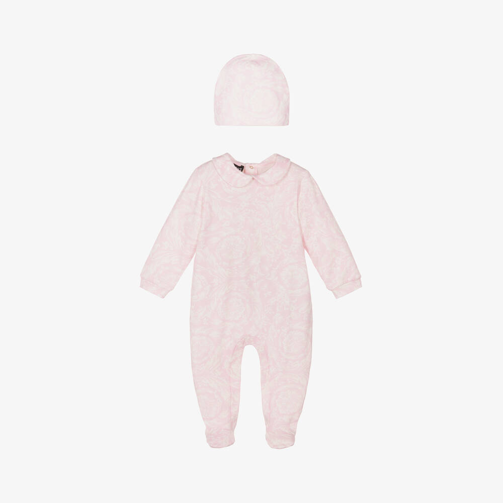 Versace - Girls Pink Cotton Babysuit & Hat Set | Childrensalon