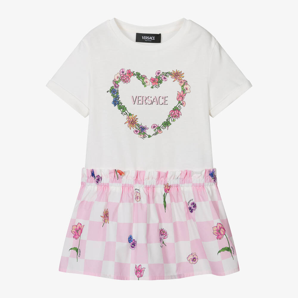 Versace - Розовое хлопковое платье в клетку с цветами для девочек | Childrensalon