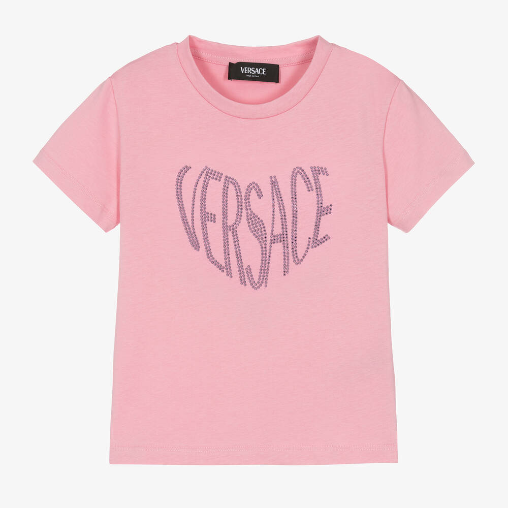 Versace - Girls Pink Cotton Diamanté T-Shirt | Childrensalon