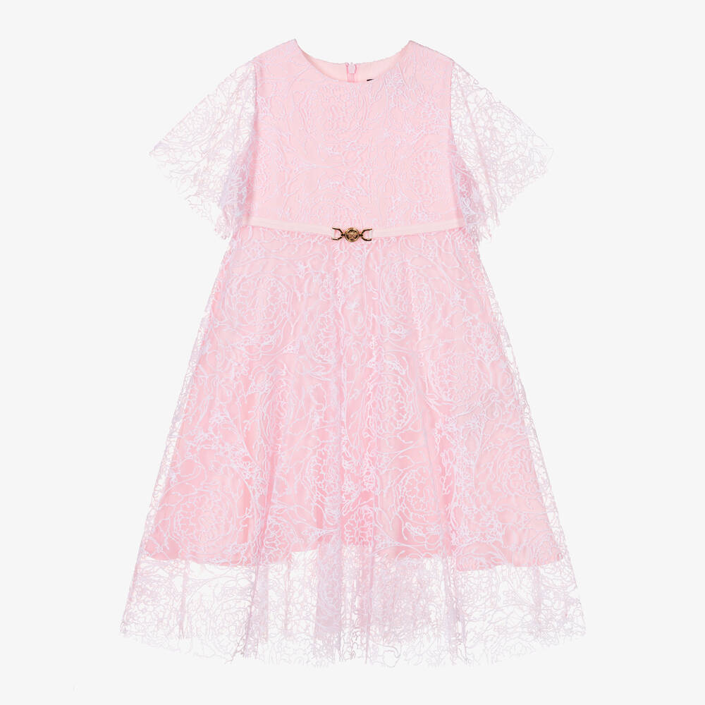 Versace - Girls Pink Floral Tulle Dress | Childrensalon