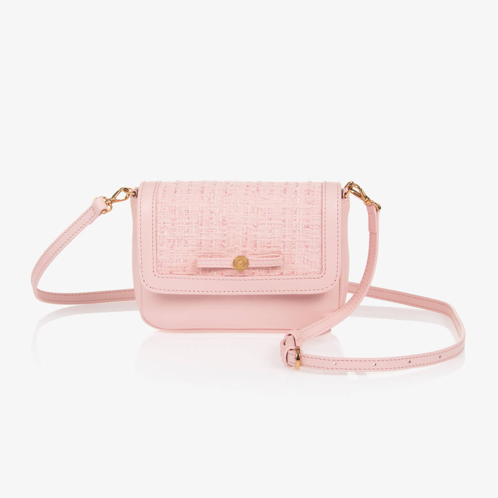 Versace -  حقيبة بنقشة ميدوسا تويد وجلد لون زهري (16 سم) | Childrensalon