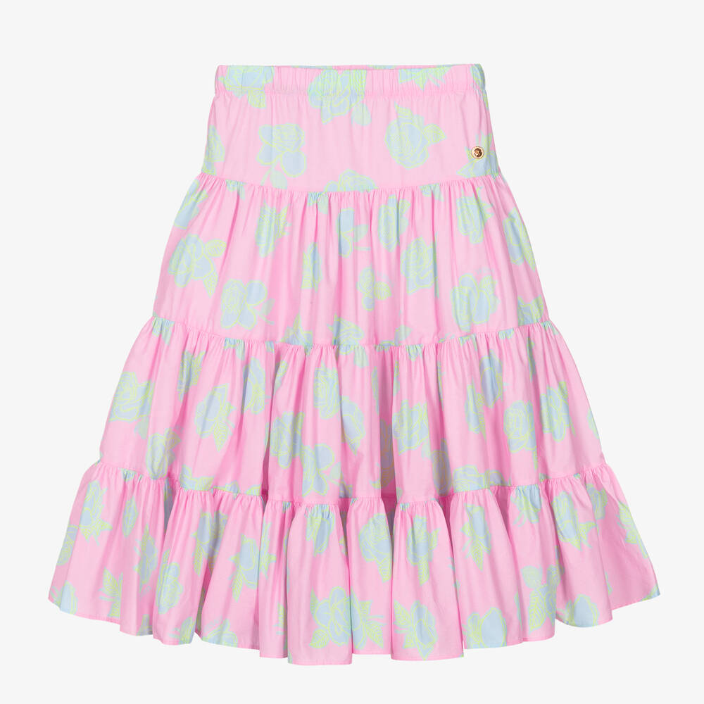 Versace - Girls Pink Rose Tiered Cotton Skirt | Childrensalon