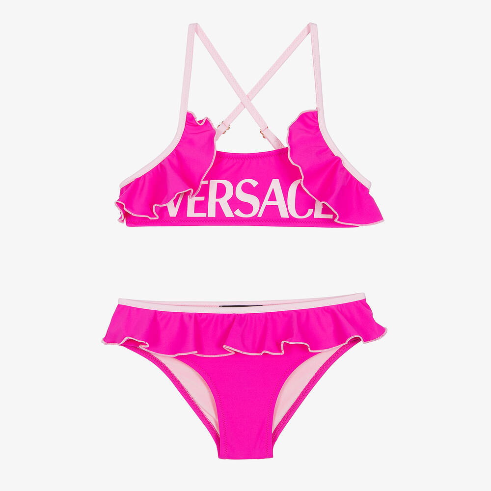 Versace - Girls Pink Ruffle Logo Bikini | Childrensalon