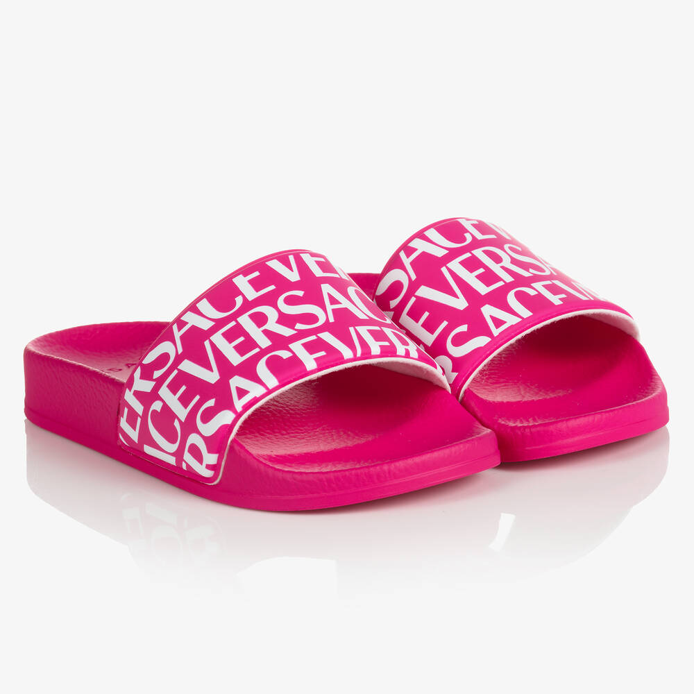 Versace - Girls Pink & White Logo Sliders | Childrensalon