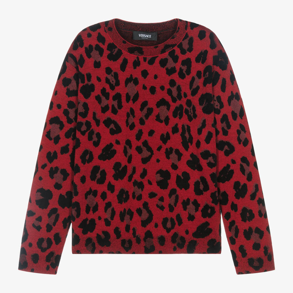 Versace - Girls Red Leopard Print Wool Sweater | Childrensalon