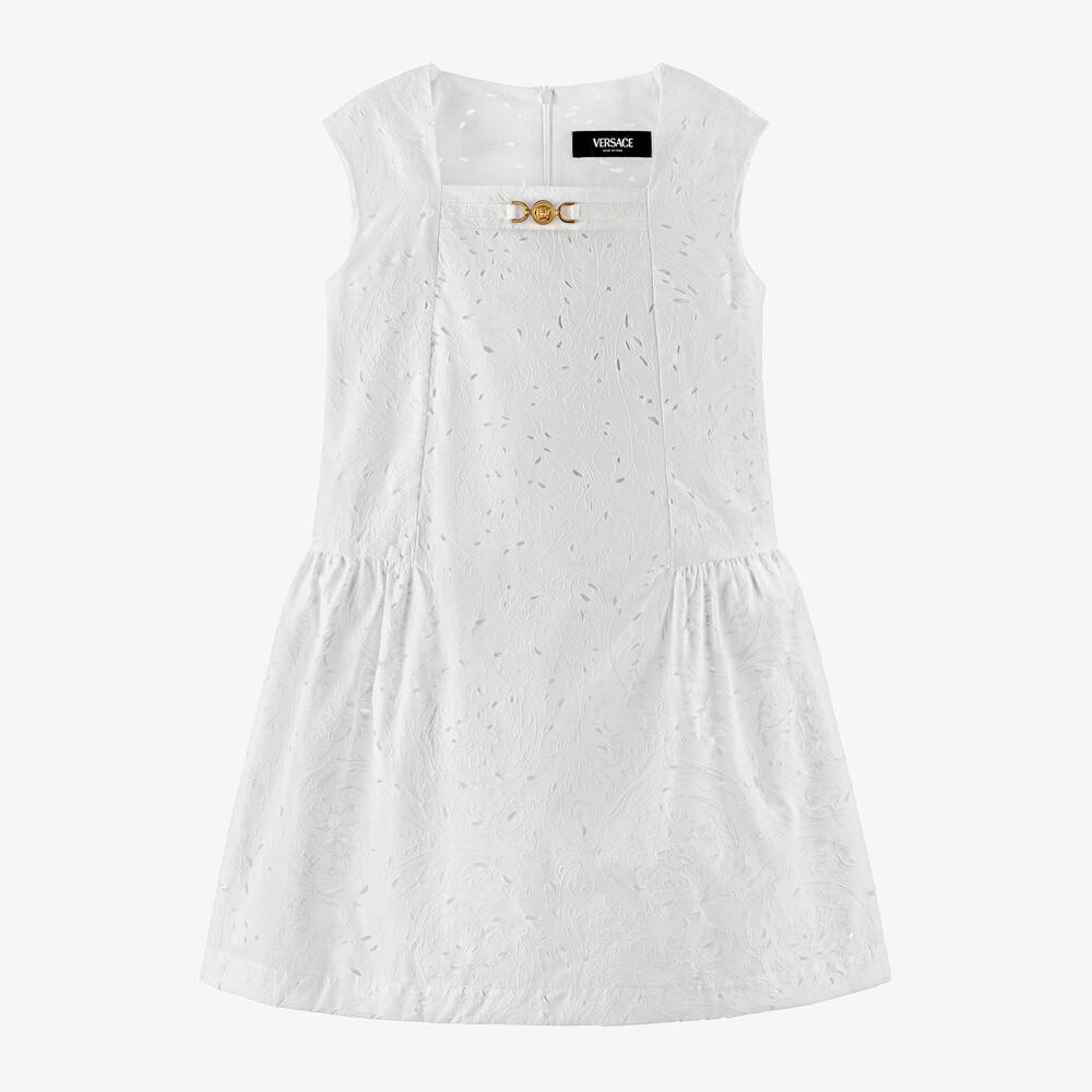 Versace - فستان قطن لون أبيض بطبعة باروك | Childrensalon
