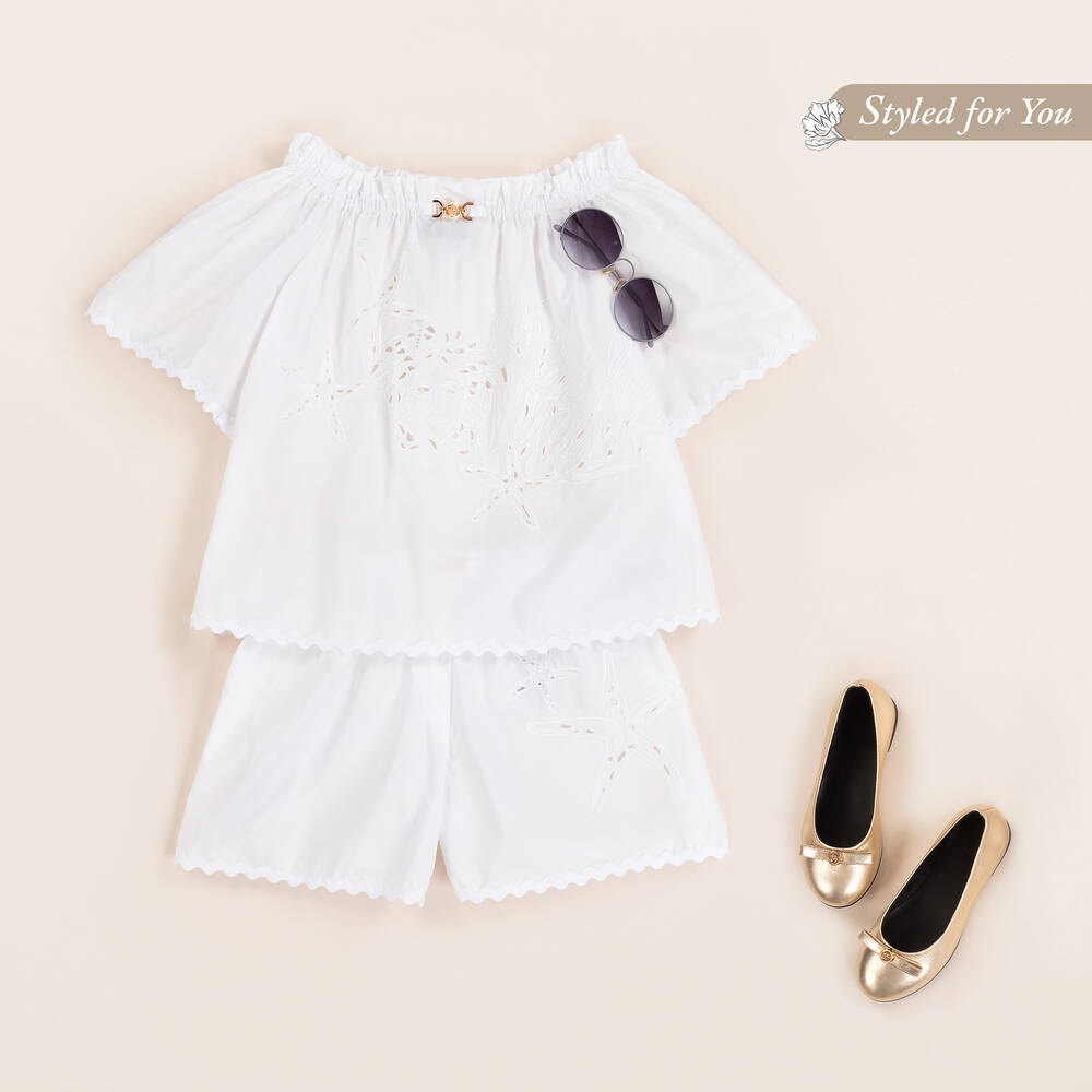 Versace-Girls White Cotton Starfish Shorts | Childrensalon
