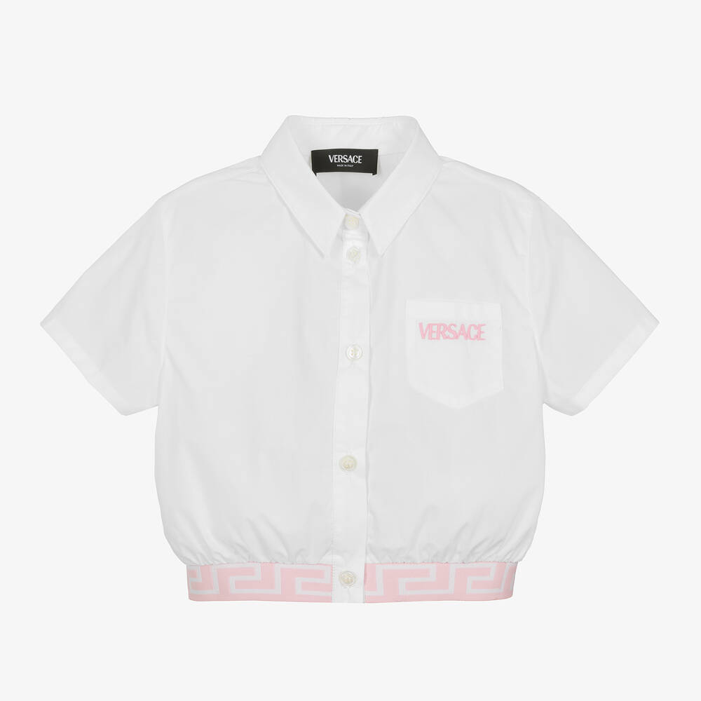 Versace - Girls White Cropped Cotton Shirt | Childrensalon