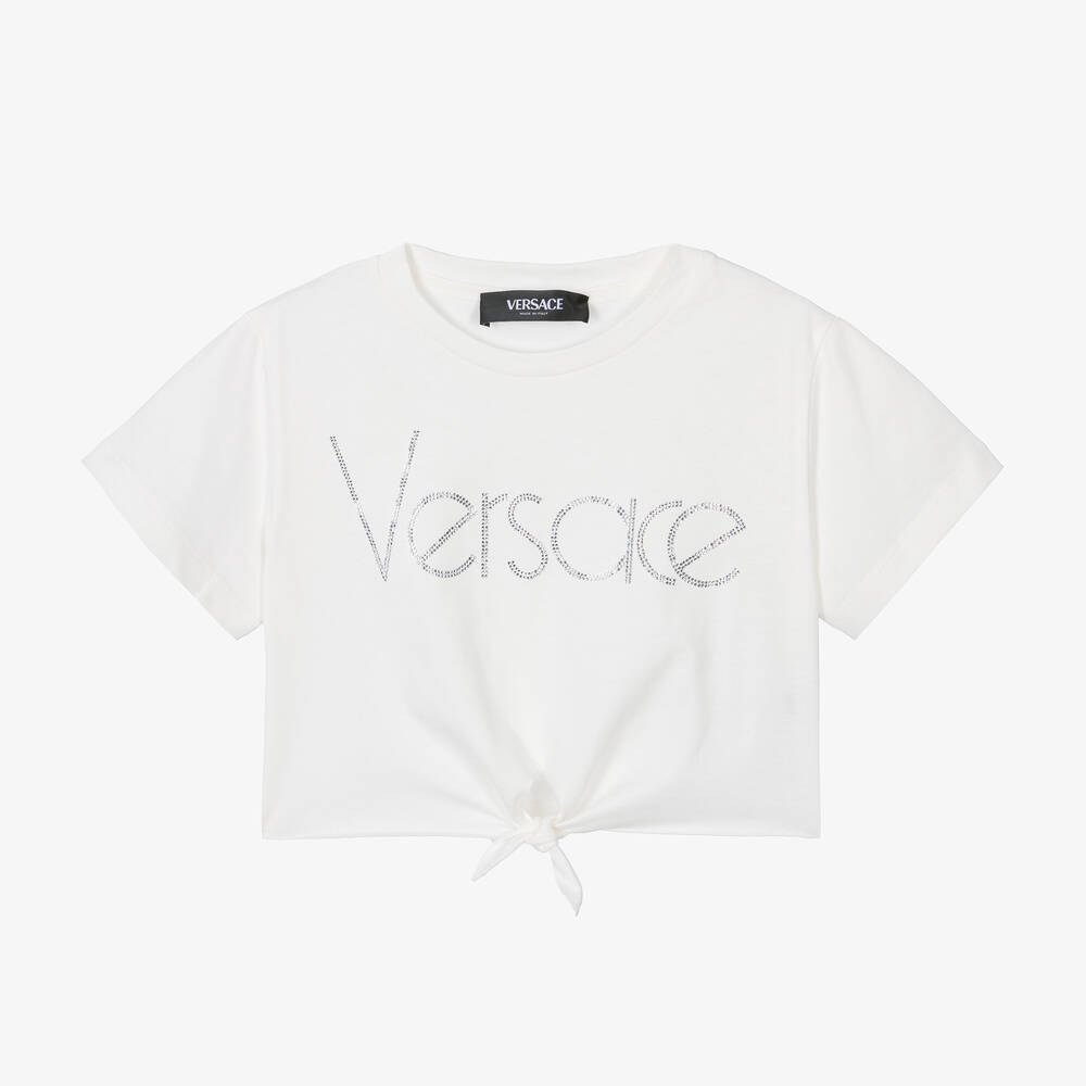Shop Versace Girls White Cropped Cotton T-shirt