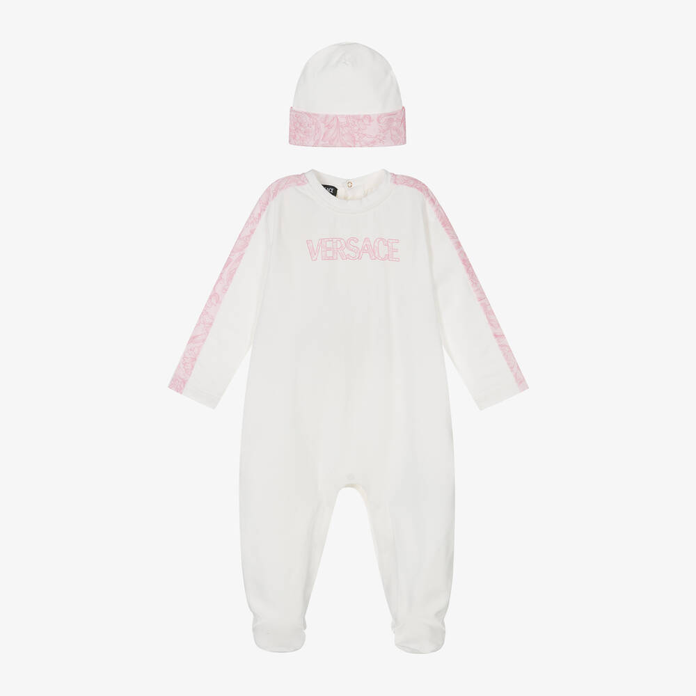 Versace - Girls White & Pink Barocco Babysuit Set | Childrensalon