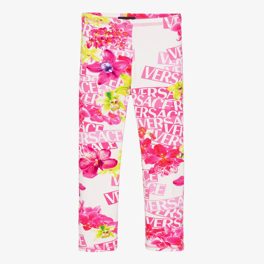 Versace - Girls White & Pink Orchid Print Leggings | Childrensalon