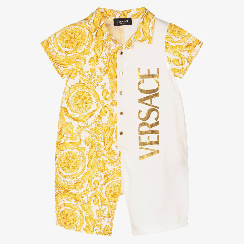 Versace - بودي سوت بطبعة الباروك قطن بوبلين لون ذهبي للأطفال | Childrensalon