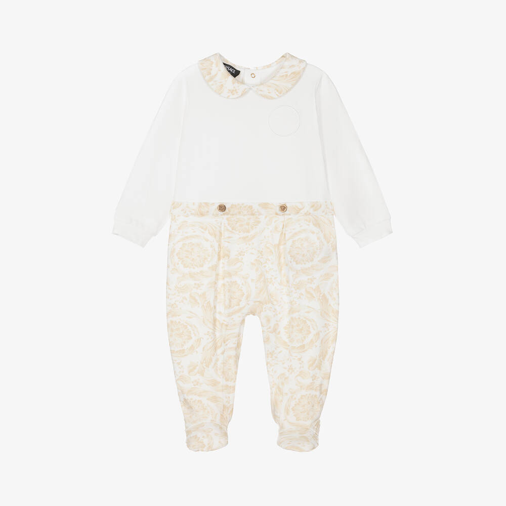 Versace - Ivory & Beige Barocco Cotton Babygrow | Childrensalon