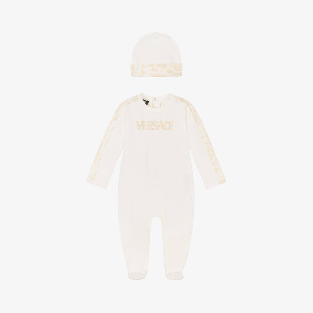 Versace - Ivory Cotton Babysuit & Hat Set | Childrensalon
