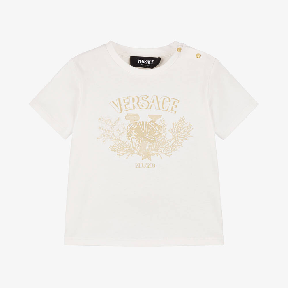 Versace - Ivory Cotton University Coral Baby T-Shirt | Childrensalon