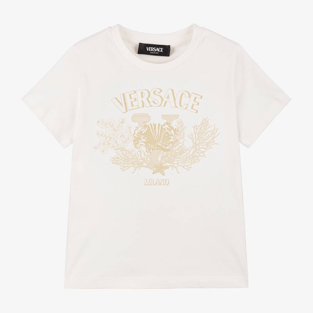Versace - Ivory Cotton University Coral T-Shirt | Childrensalon