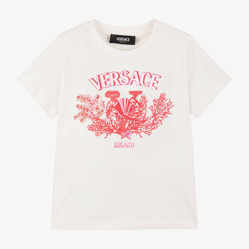 Versace - Ivory Cotton University Coral T-Shirt | Childrensalon