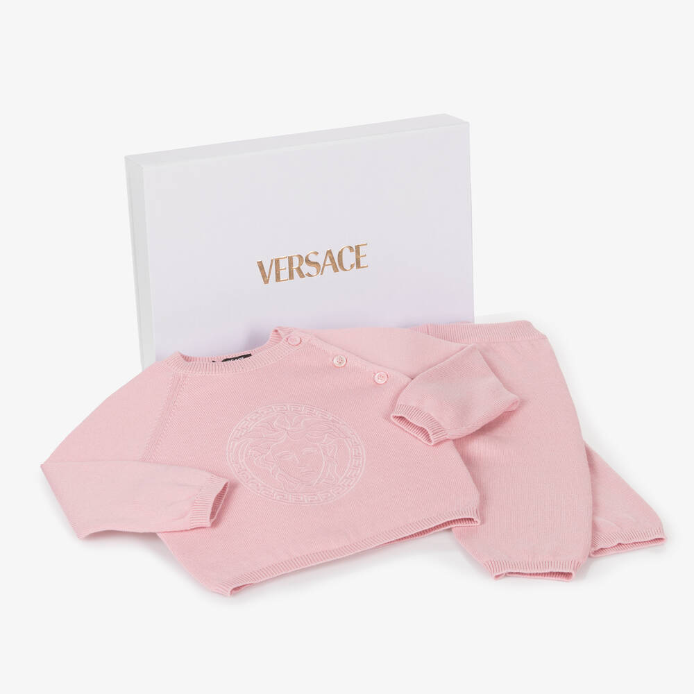 Versace - هدية طقم بنطلون محبوك أطفال بناتي قطن وكشمير لون زهري | Childrensalon